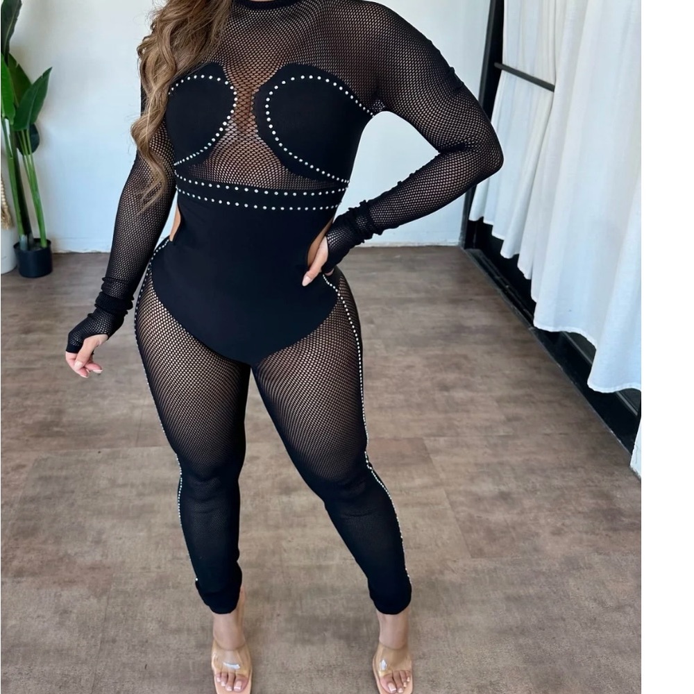 ootdfash black jumpsuit mesh